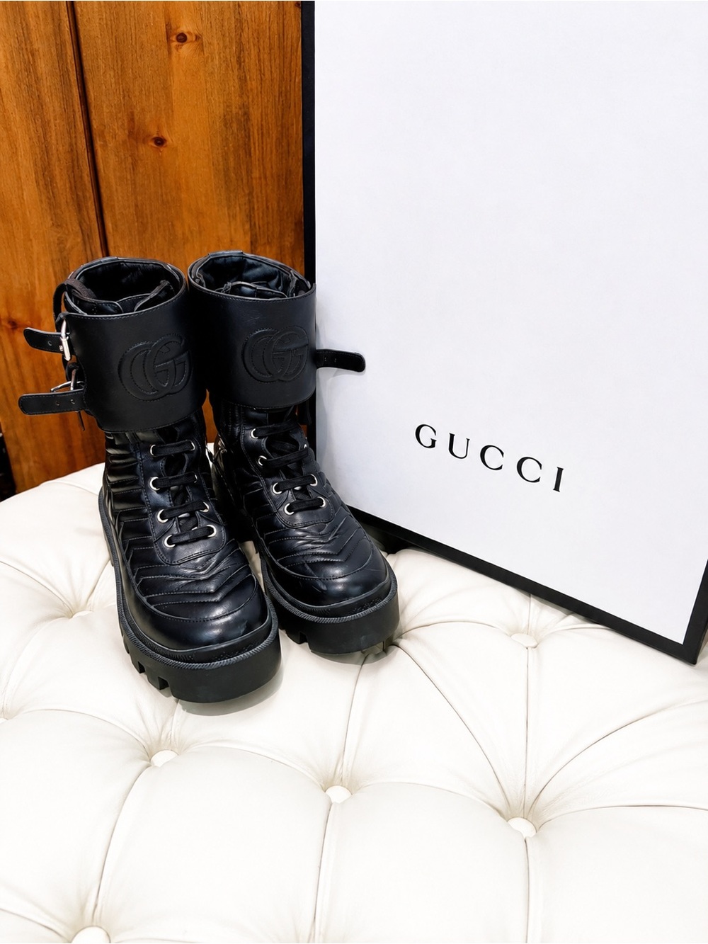 Gucci Black Quilted Platform Lace-Up Boots with Buckled Cuff